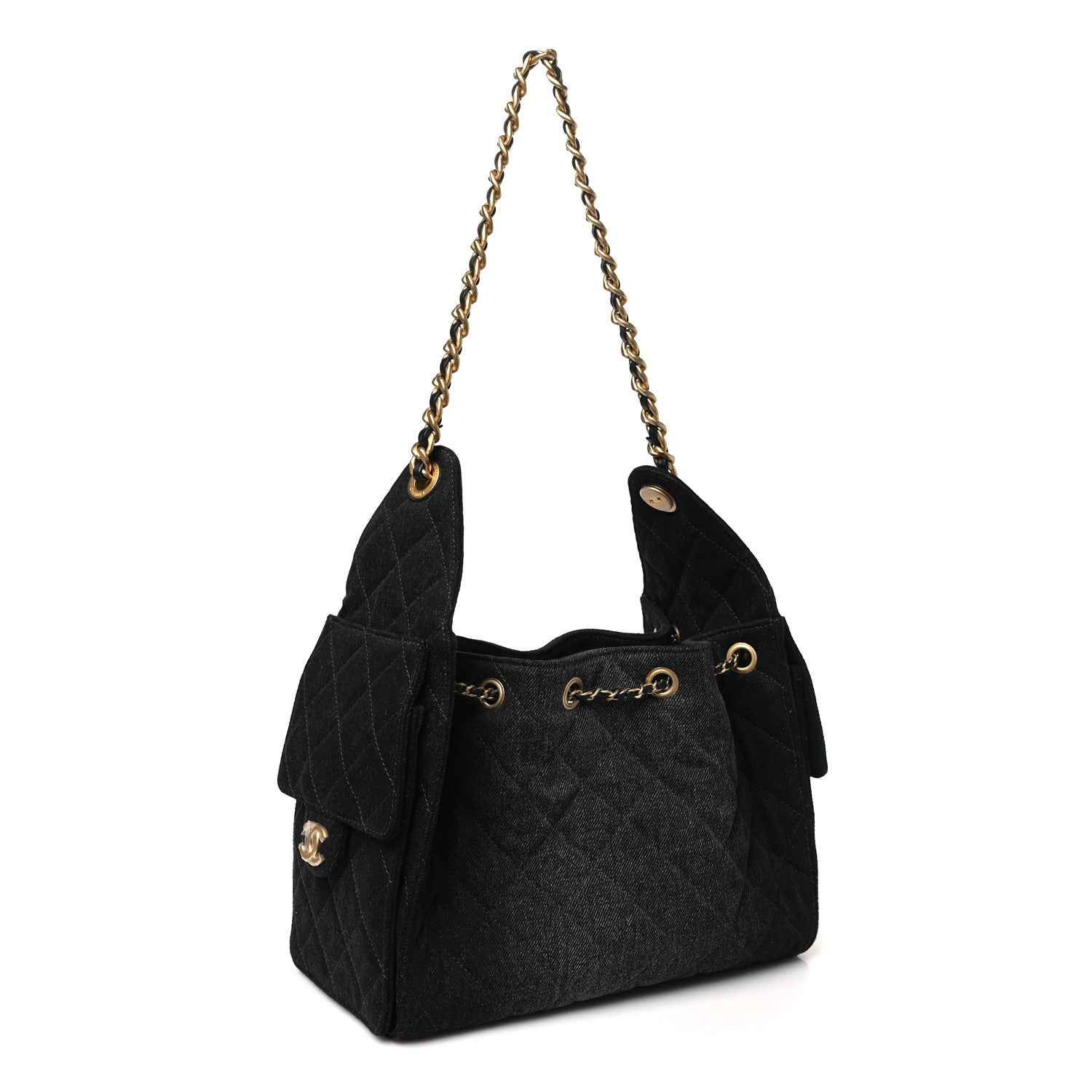 Washed Denim Quilted Small Chanel 25 Handbag Black