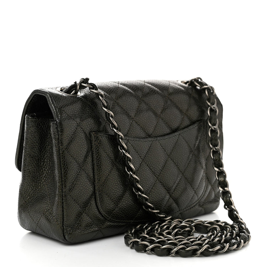 Metallic Caviar Quilted Mini Rectangular Flap Dark Grey