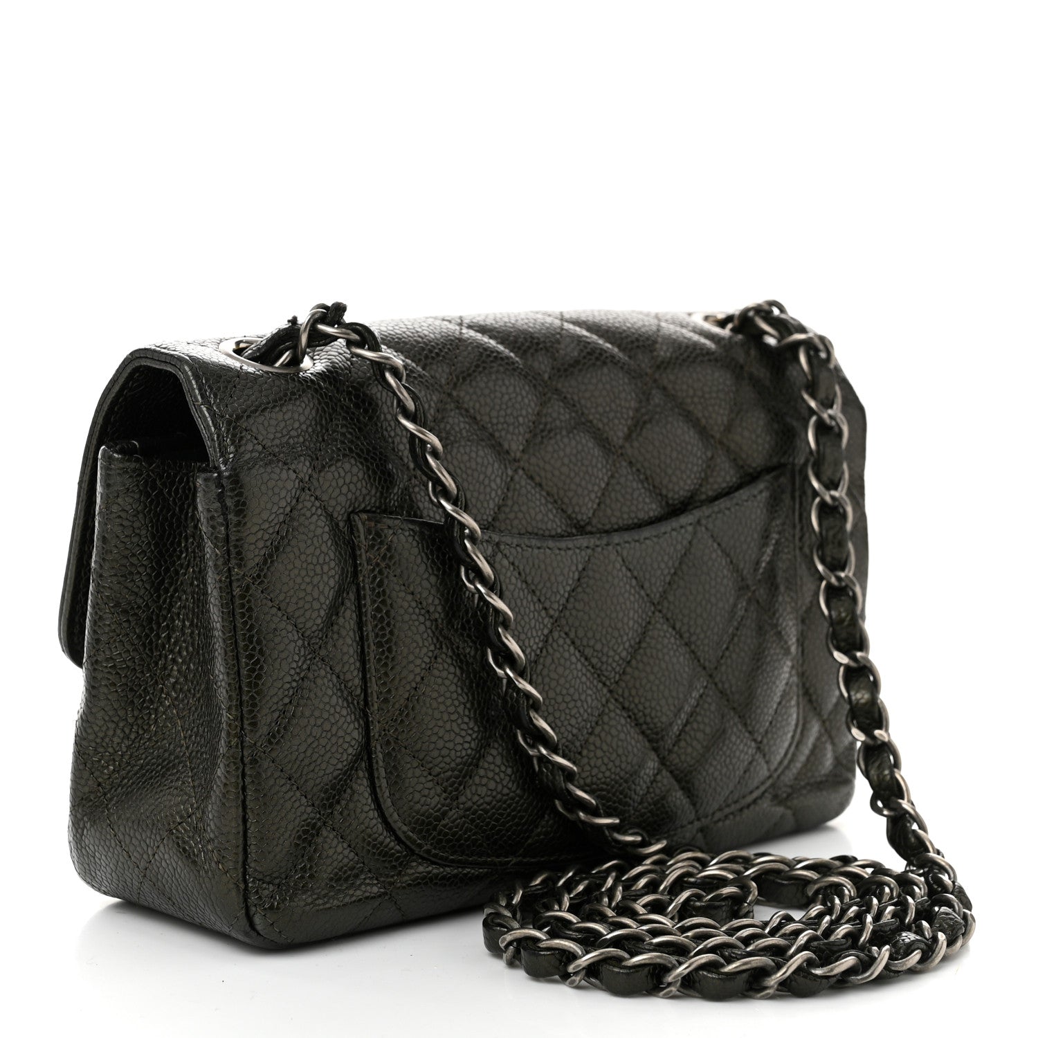 Metallic Caviar Quilted Mini Rectangular Flap Dark Grey
