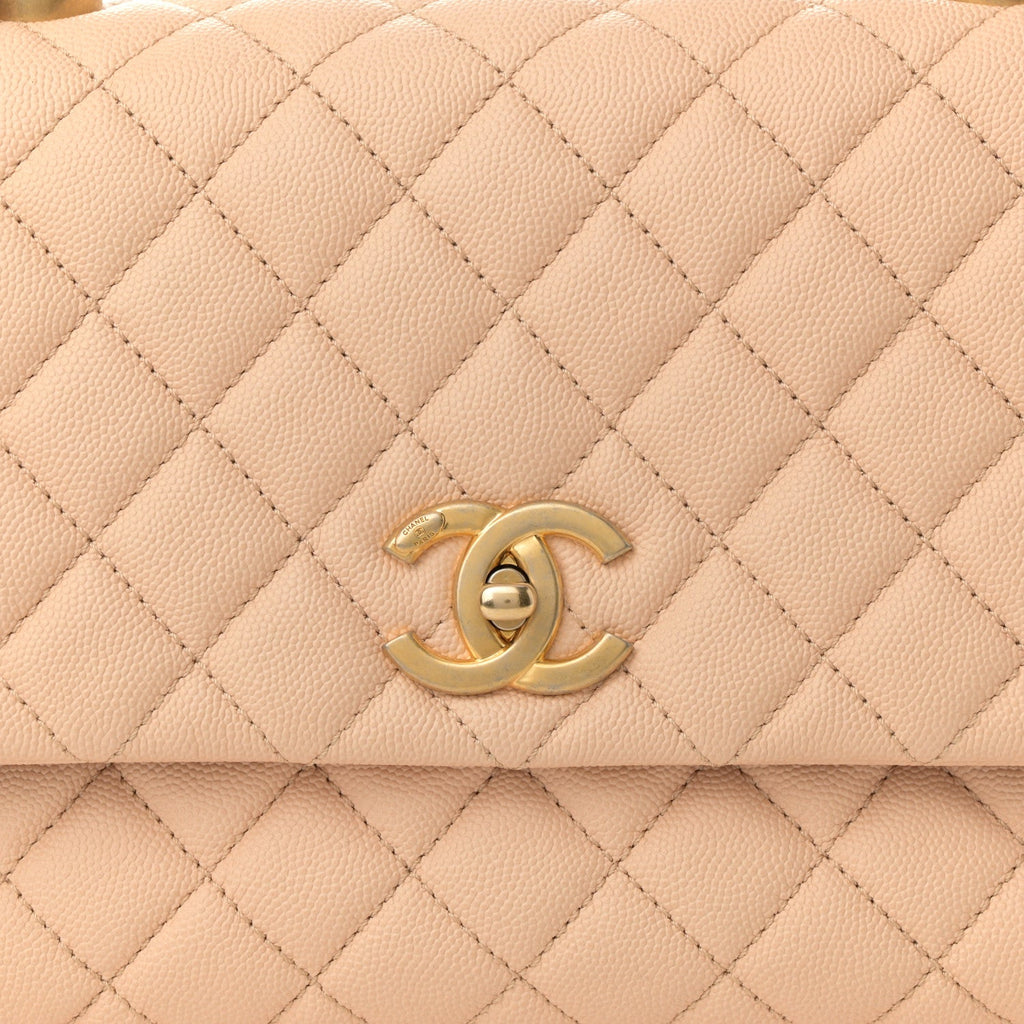 Caviar Quilted Small Coco Handle Flap Beige