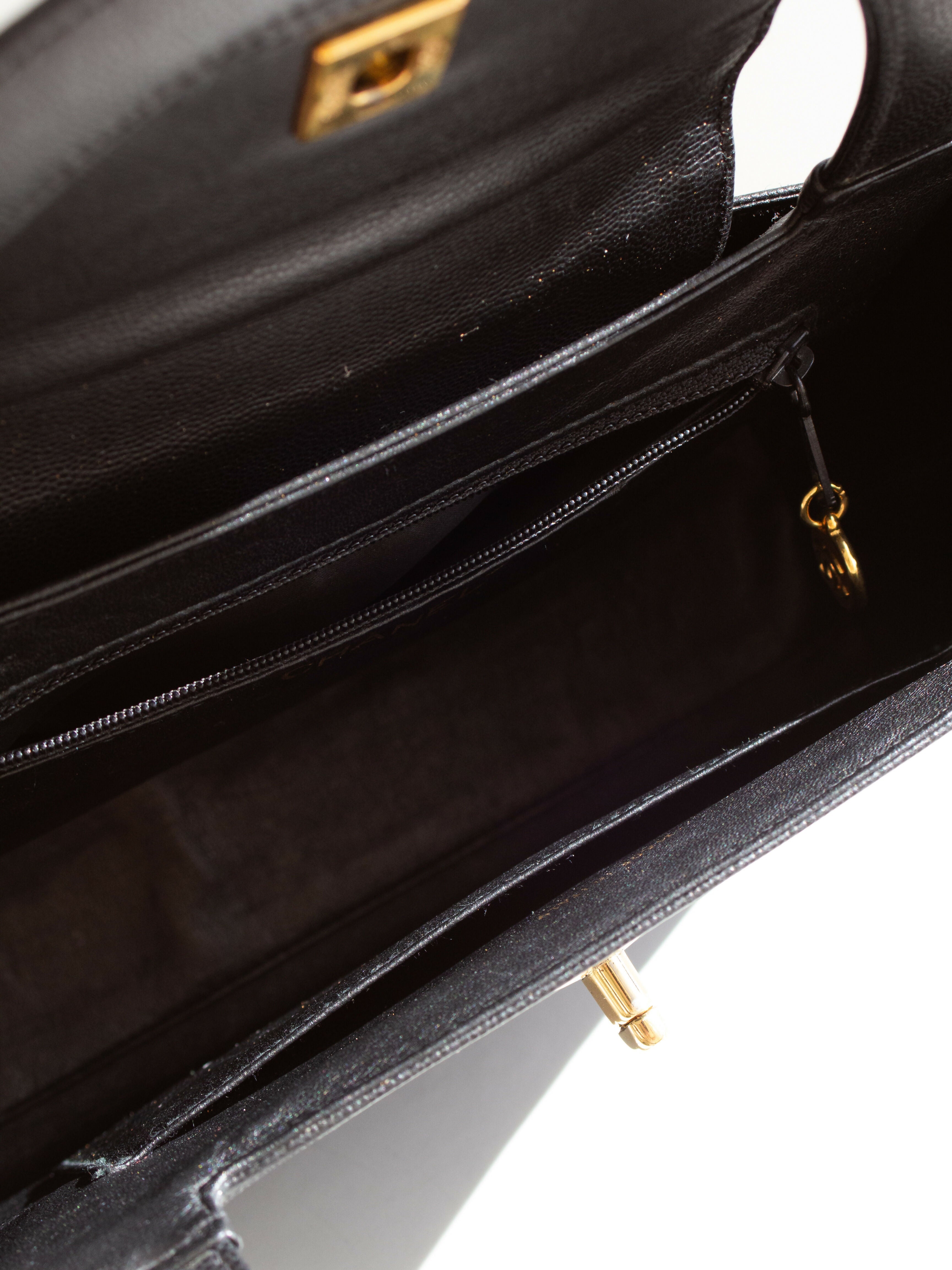 Chanel Vintage 1998 Kelly Black Caviar Leather 24K Gold Top Handle Bag