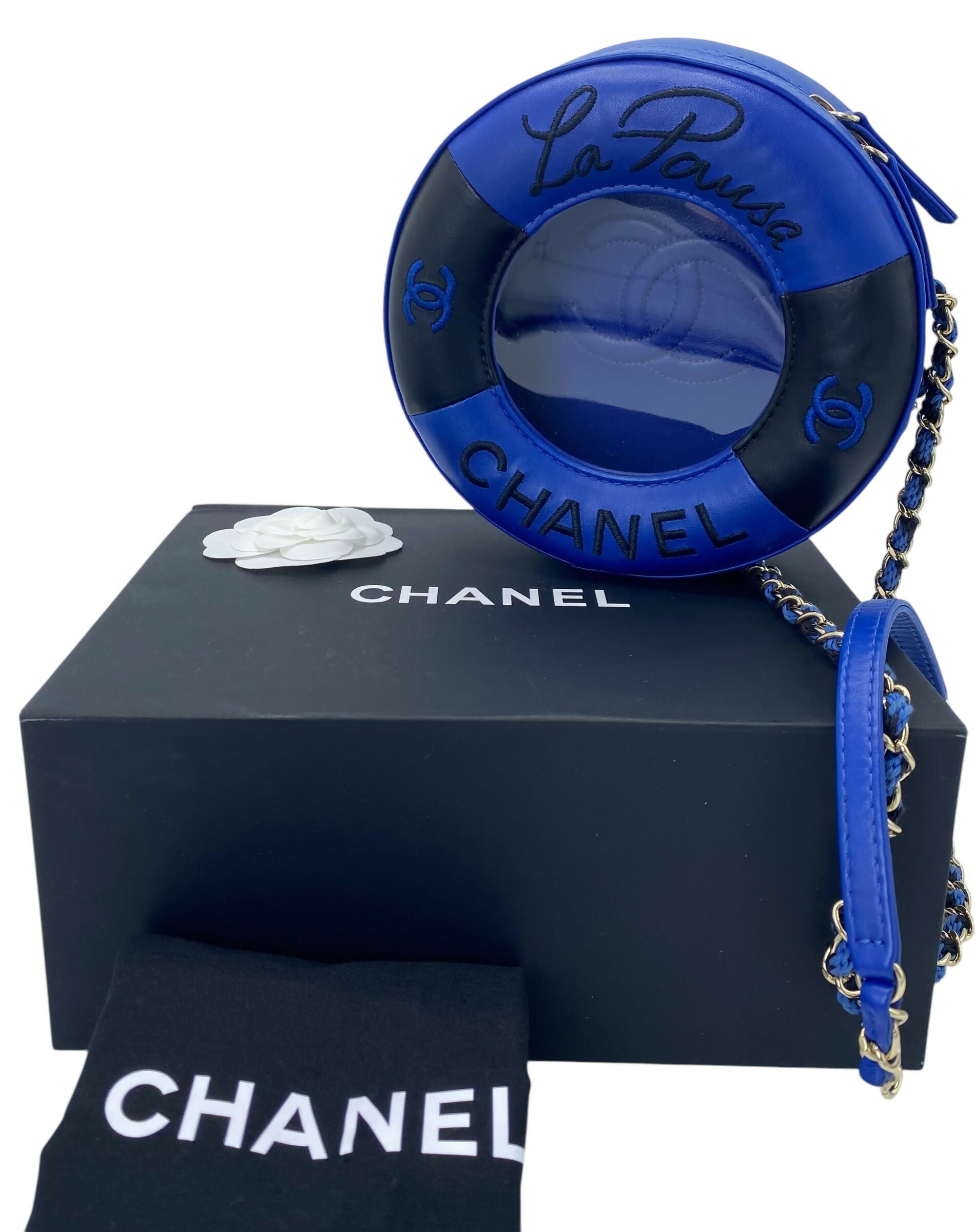 CHANEL 19C LA PAUSA COCO LIFESAVER MINAUDIÈRE BAG BLUE & BLACK WITH CHAMPAGNE GOLD HARDWARE