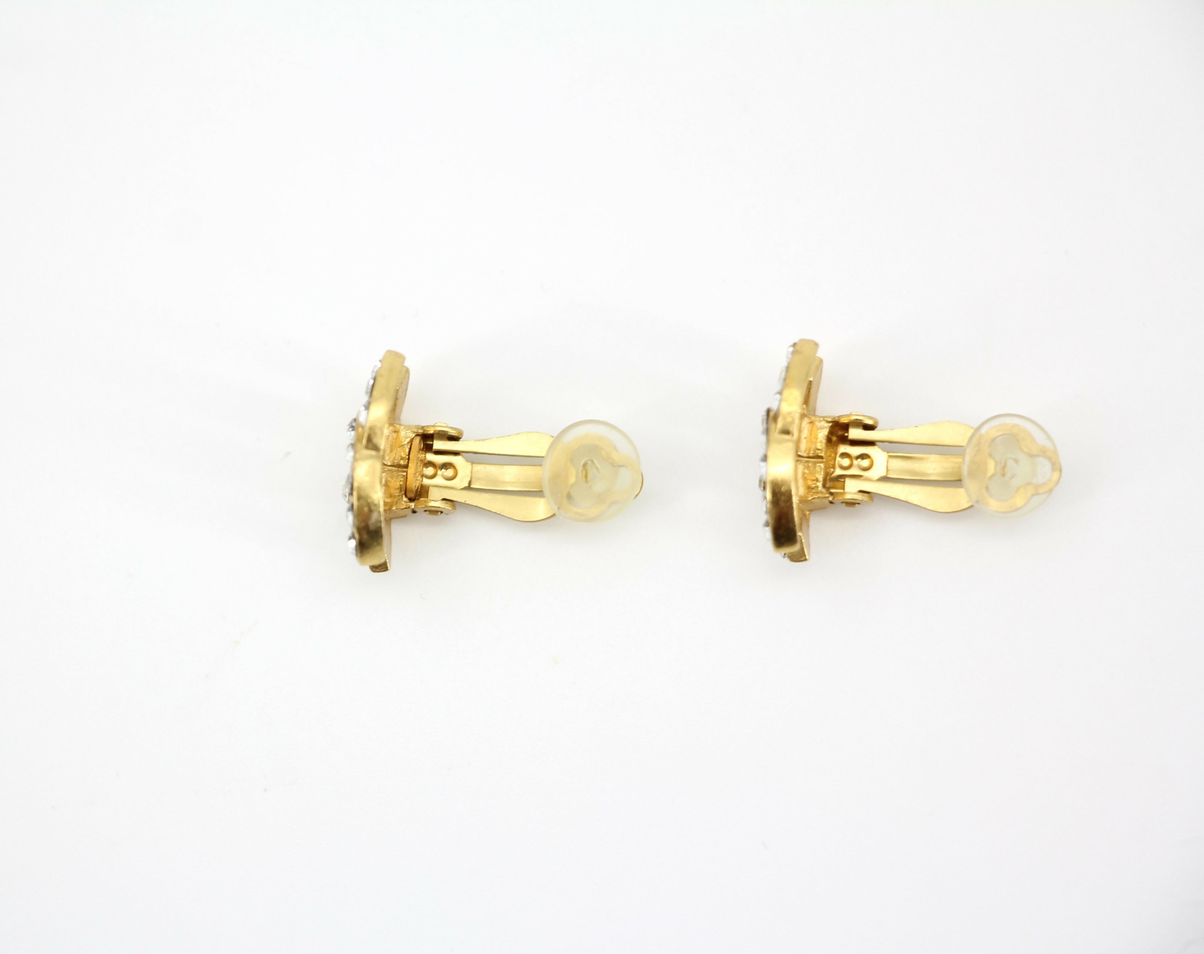 Chanel Vintage 02A Rhinestone Gold-plated CC Mark Clip-on Earrings