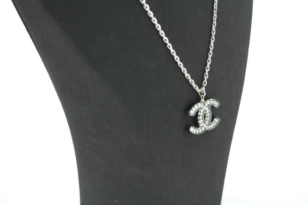 Chanel Vintage 05P Acrylic Transparent Rhinestone Black CC Double-Sided Necklace