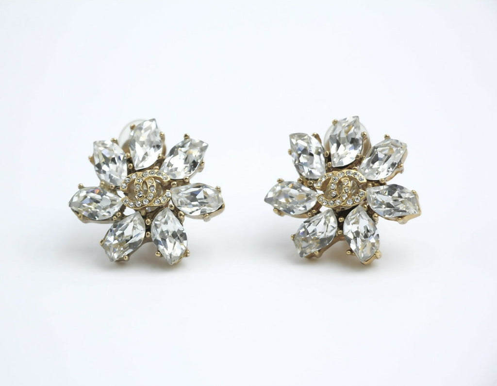 Chanel Vintage 02A Rhinestone Sparkling Ice Crystal Flower Clip-on Earrings