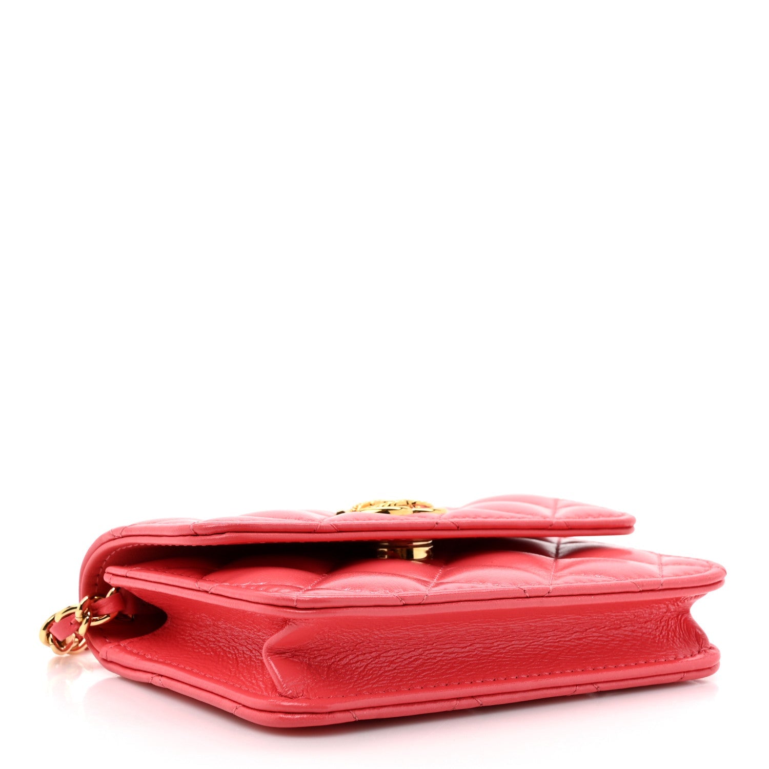 Shiny Lambskin Quilted  Holder On Chain Pink