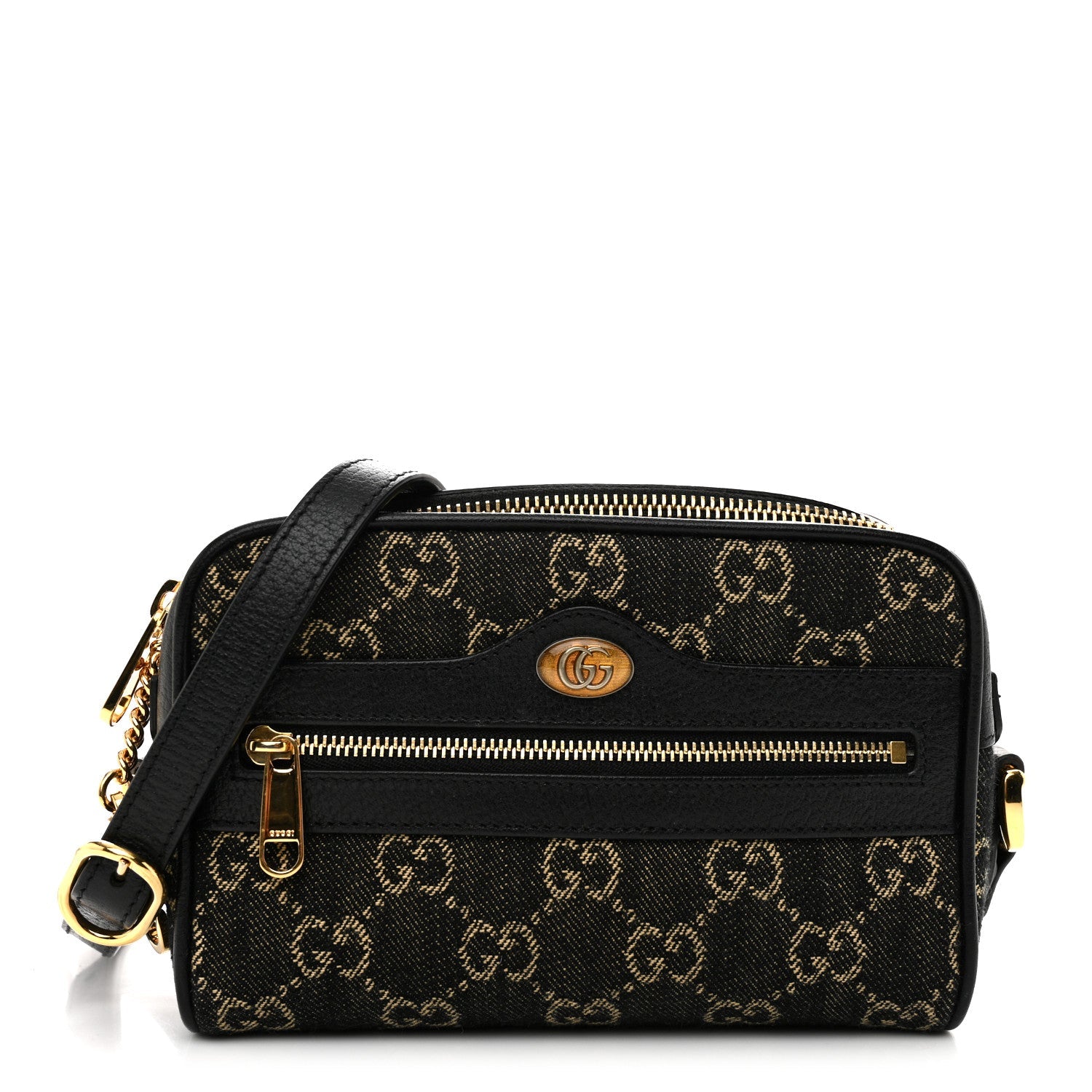 Jacquard Black Denim GG Monogram Textured Dollar Calfskin Mini Ophidia Shoulder Bag Black Ivory