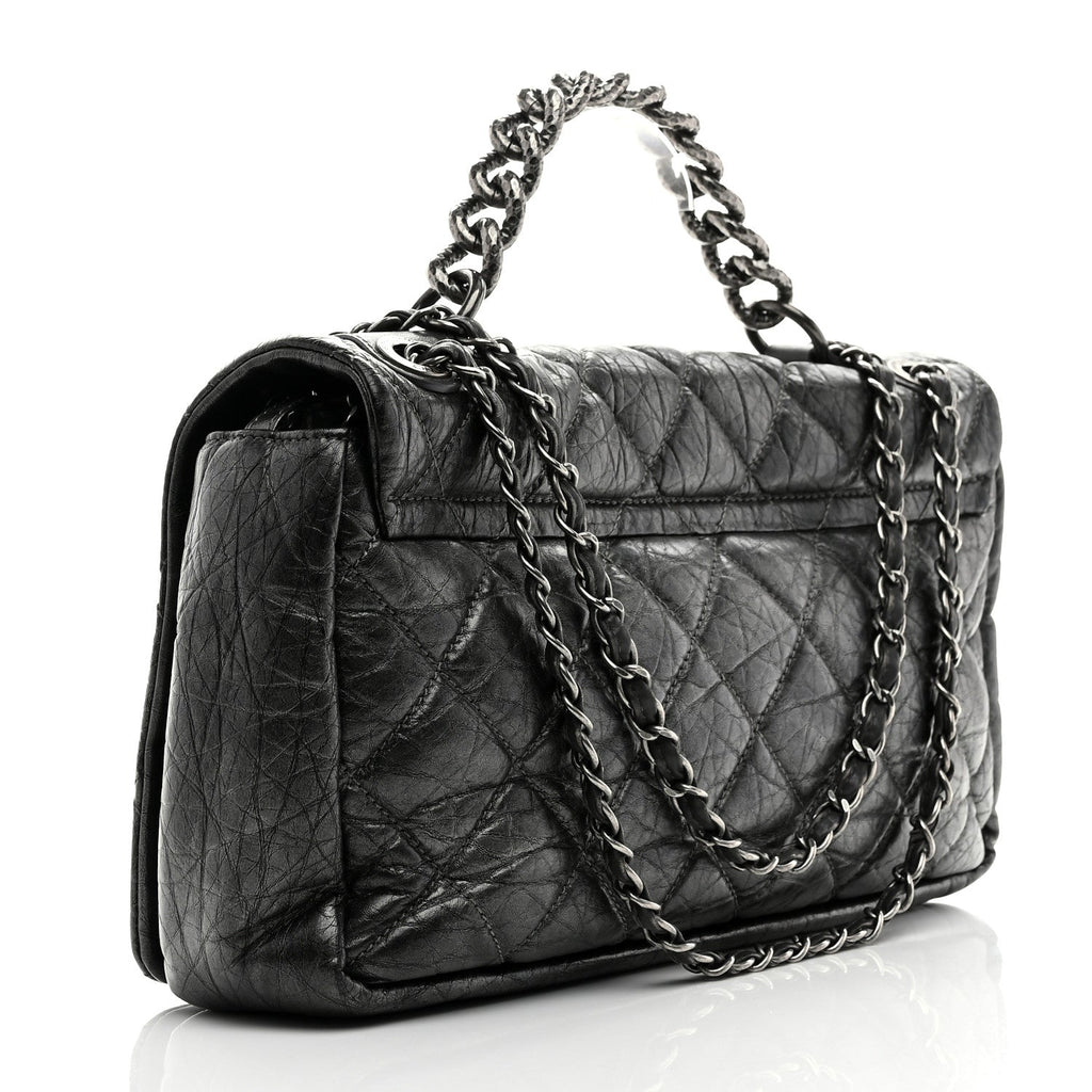 Aged Calfskin Quilted Medium Pondichery Flap Dark Grey