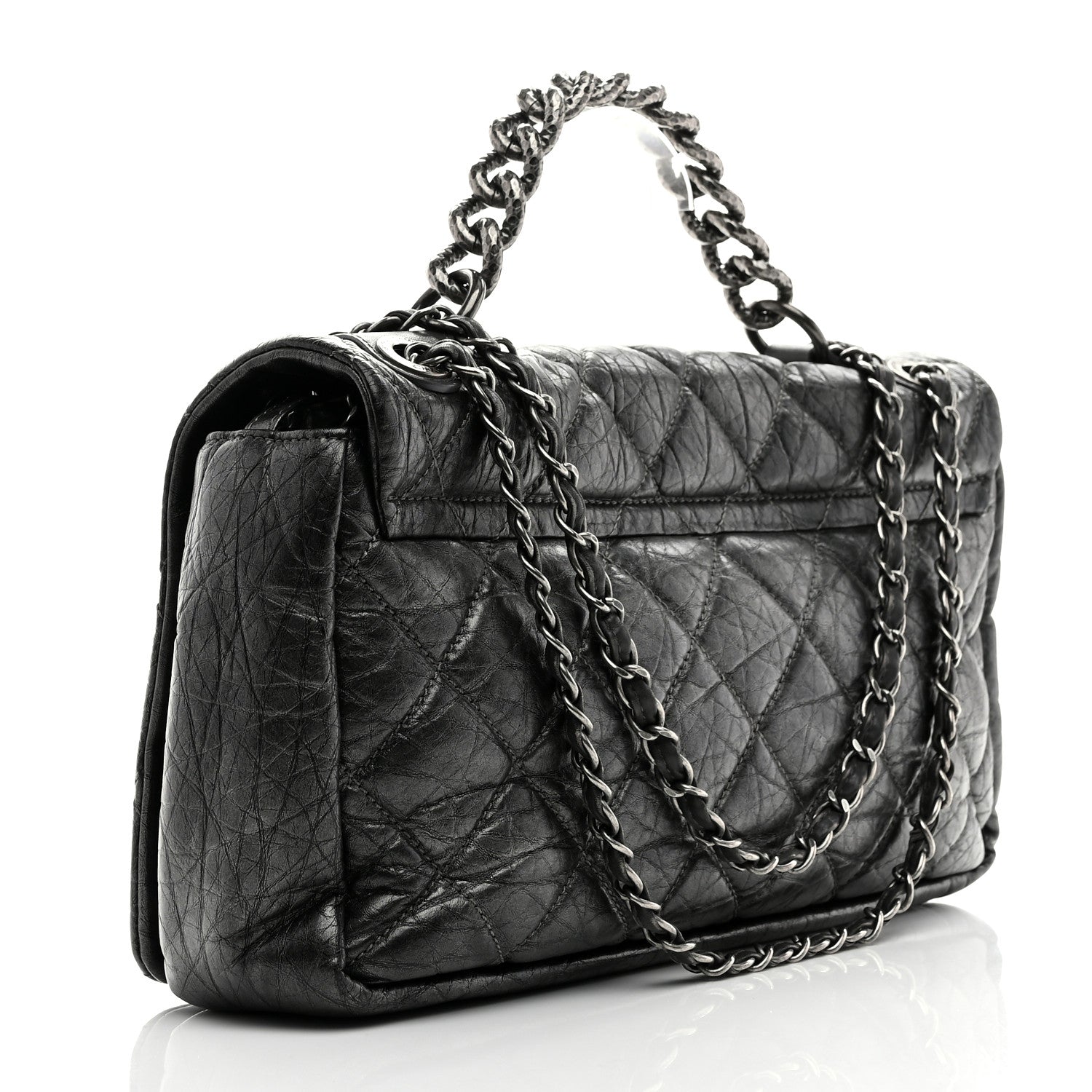 Aged Calfskin Quilted Medium Pondichery Flap Dark Grey