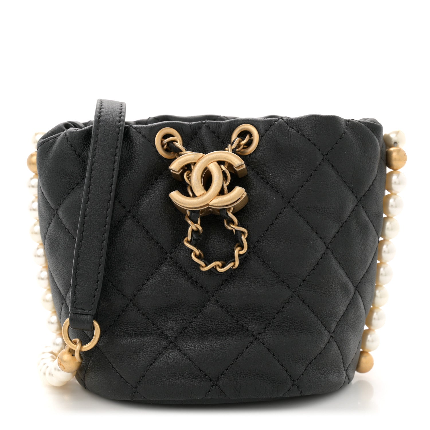 Calfskin Quilted Pearl Mini About Pearls Drawstring Bucket Bag Black