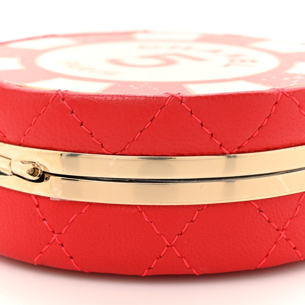 Lambskin Enamel Quilted Round Poker Chip Clutch With Chain Red White