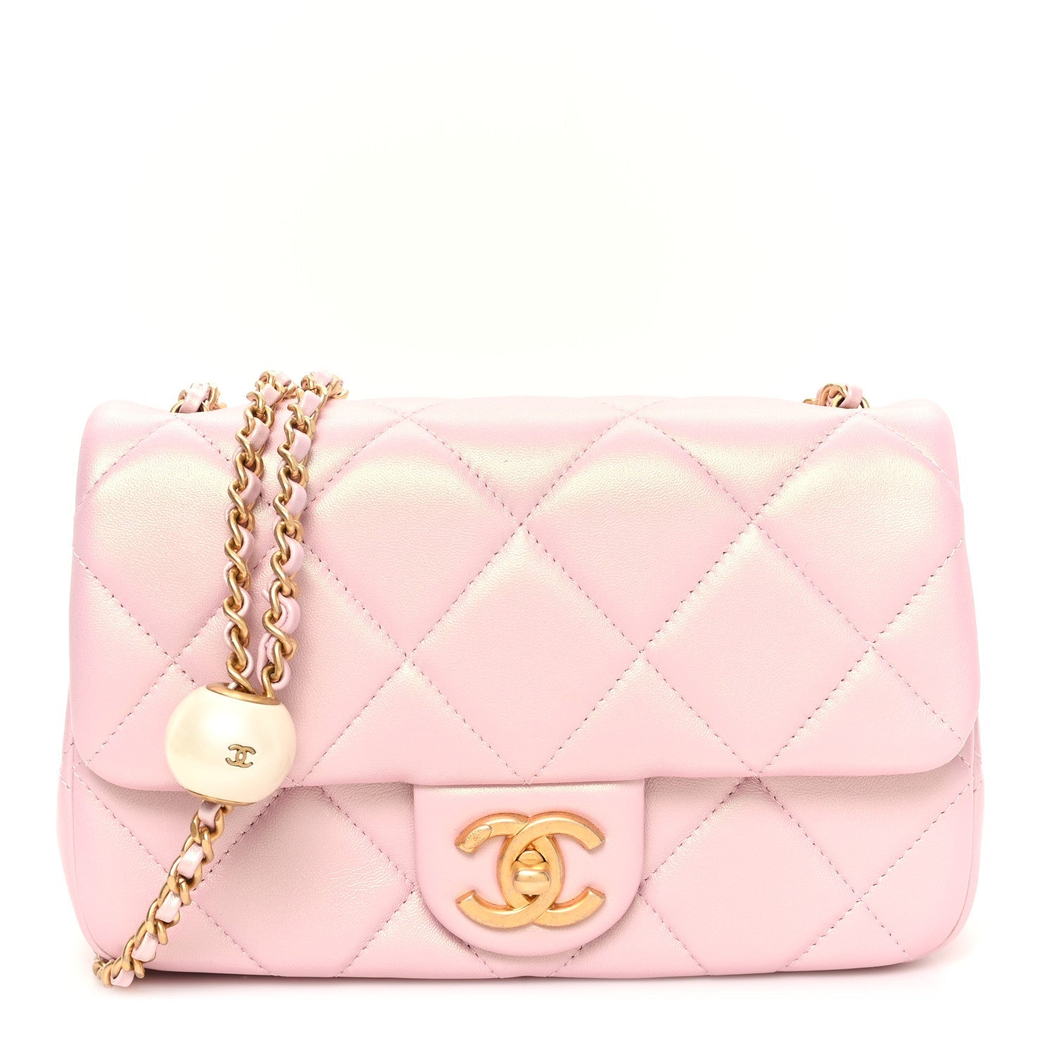 Pearly Lambskin Pearl Quilted Small Flap Pink