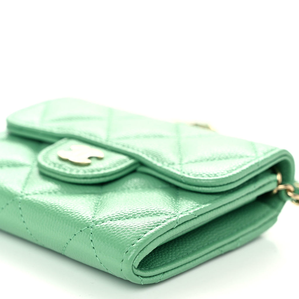 Caviar Quilted Flap  Holder On Chain Light Green
