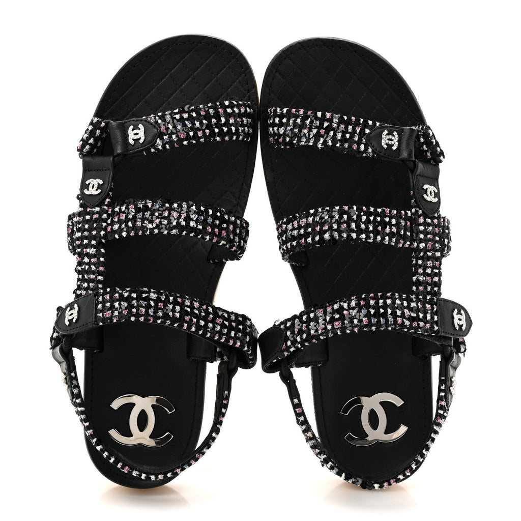 Glittered Tweed Lambskin Dad Sandals 39 Black White