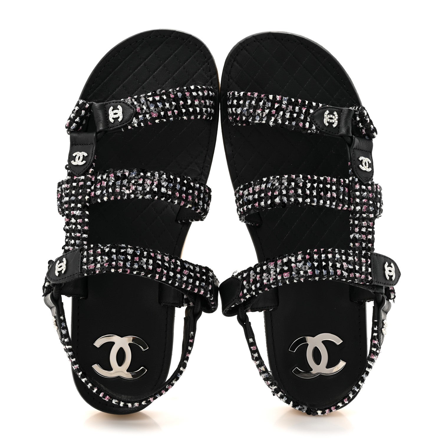 Glittered Tweed Lambskin Dad Sandals 39 Black White