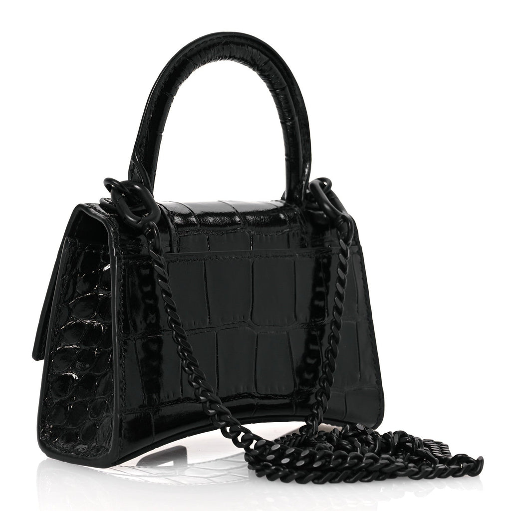 Shiny Calfskin Monochrome Crocodile Embossed Hourglass Top Handle Bag Mini with Chain Black