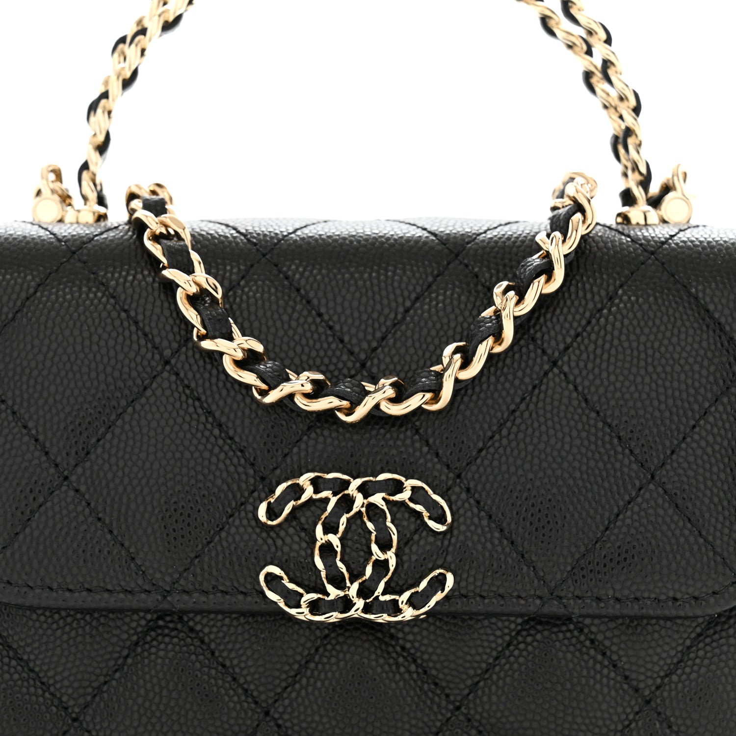Caviar Quilted Double Chain Top Handle Flap With Chain Black