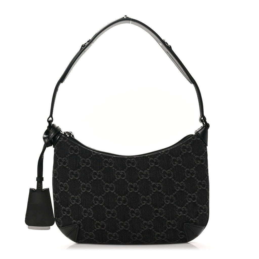 Jacquard Black Denim GG Monogram Horsebit Slim Small Shoulder Bag Black Grey