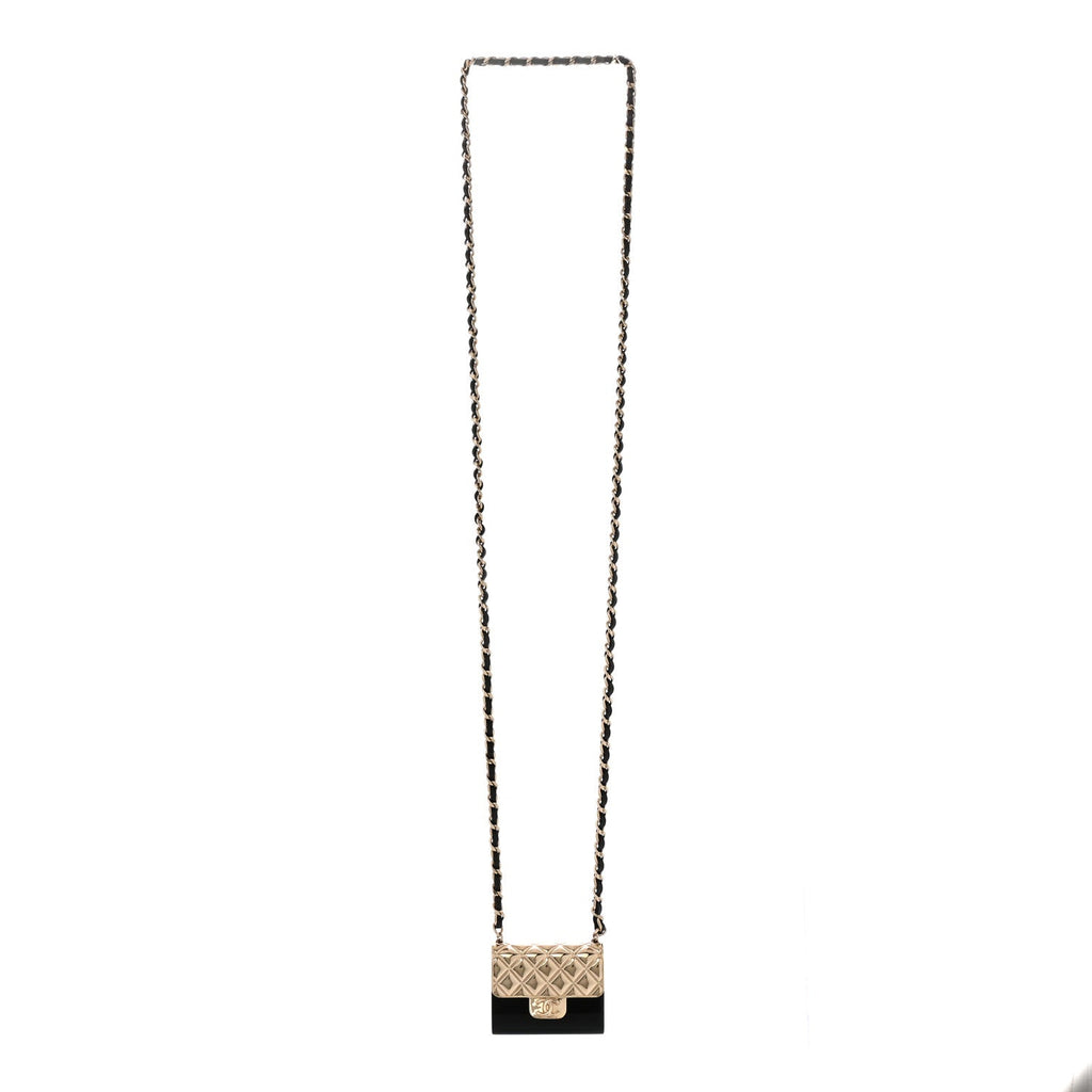 Metal Resin Lambskin Flap Bag Long Necklace Gold Black
