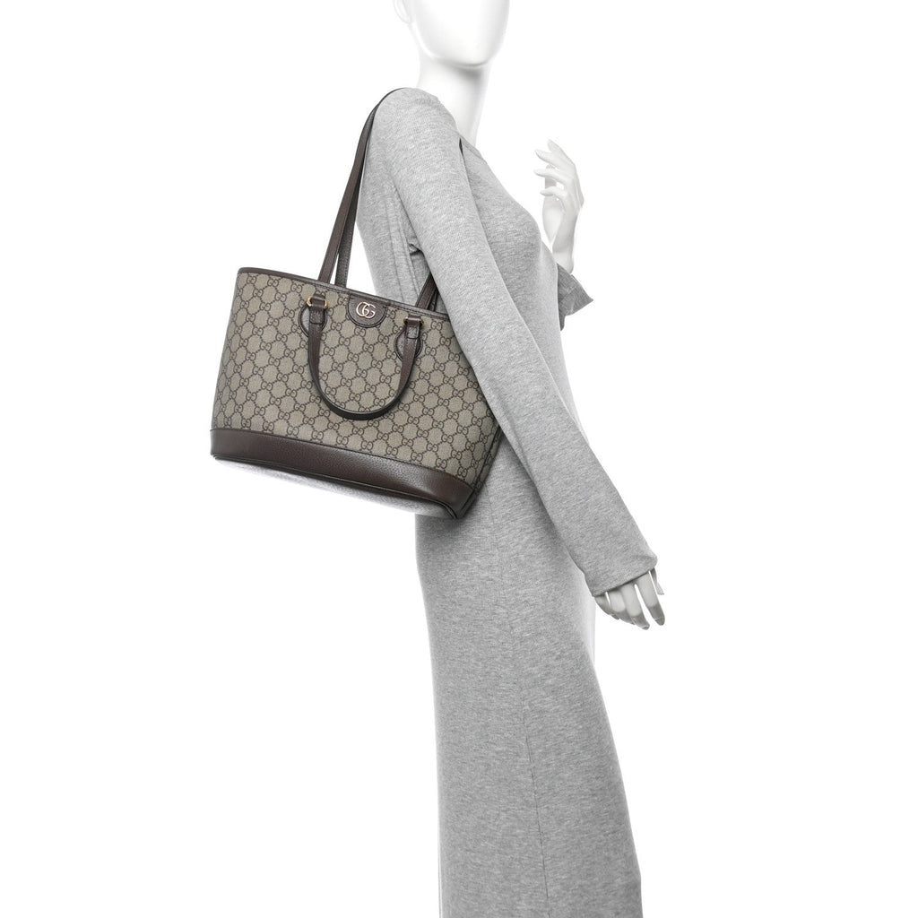 GG Supreme Monogram Textured Calfskin Small Ophidia Shoulder Tote Bag Beige Ebony New Acero