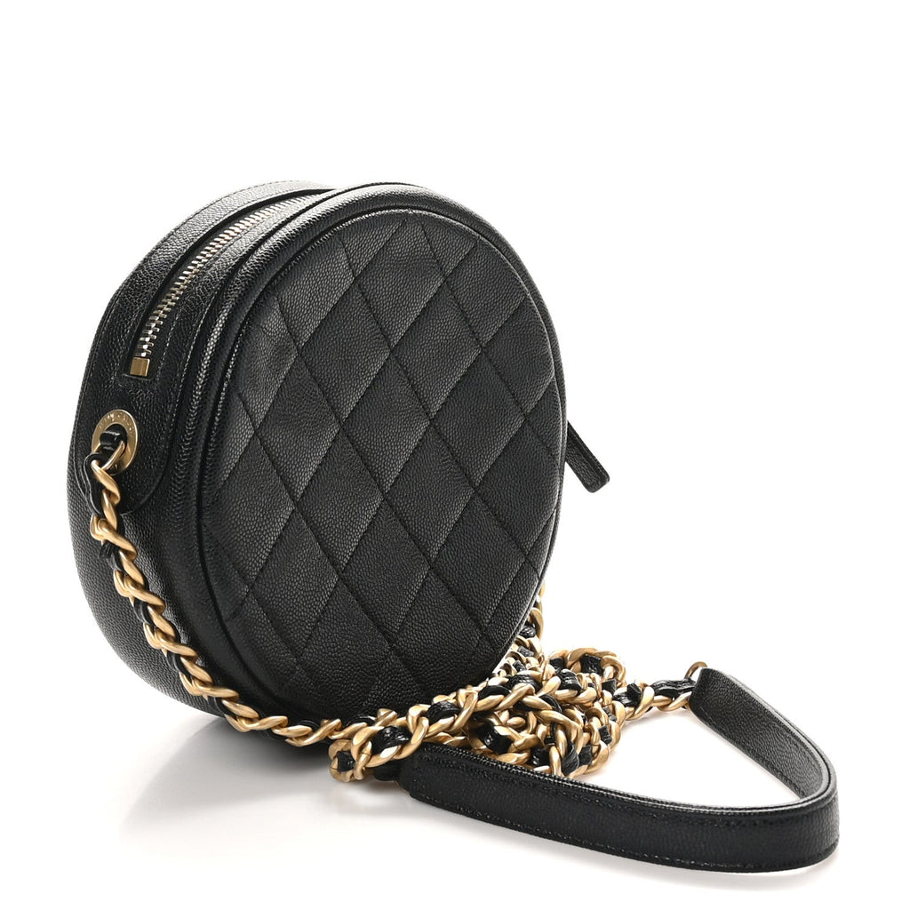 Caviar Quilted Small Round Bag With Chain Black