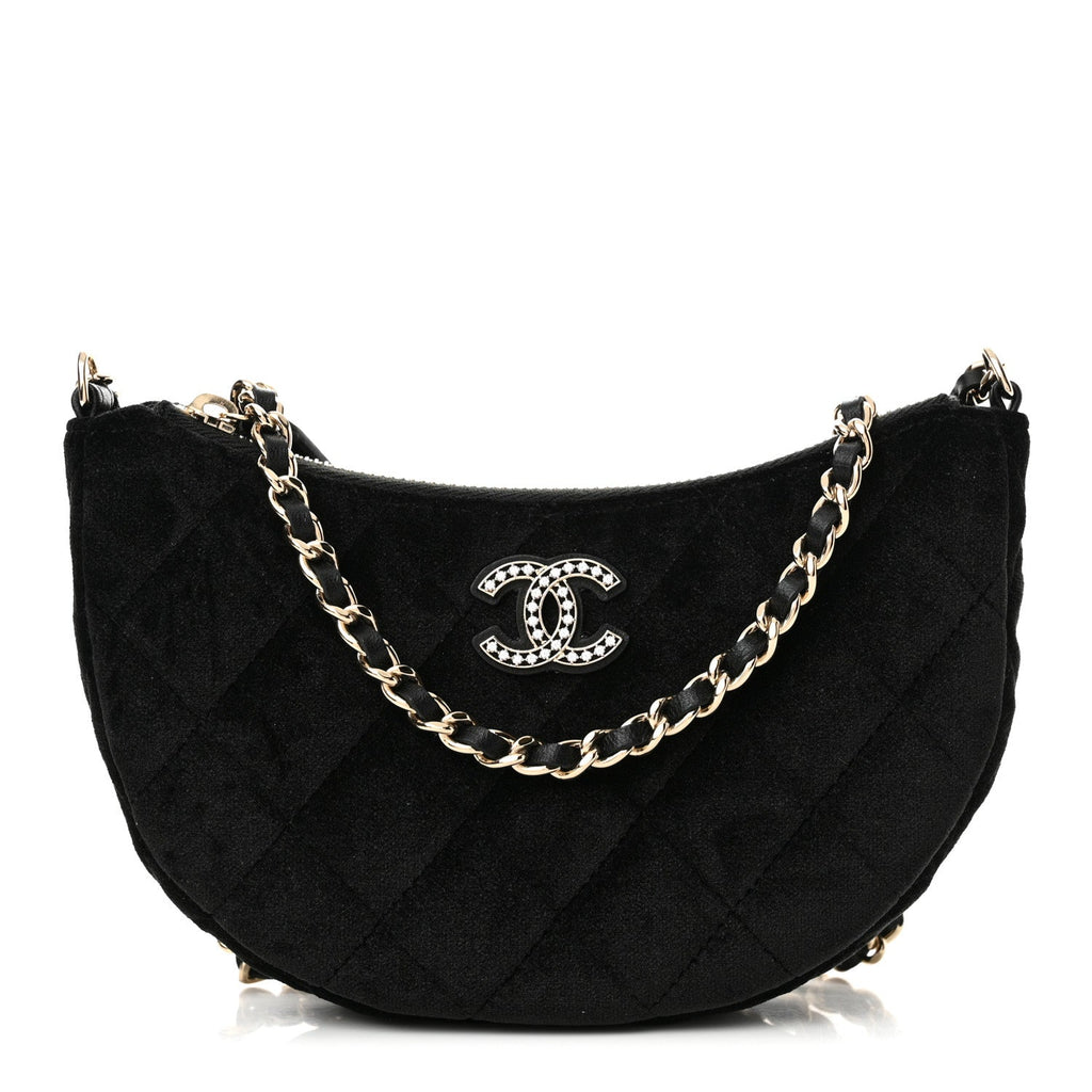 Velvet Crystal Quilted Chain Hobo Black