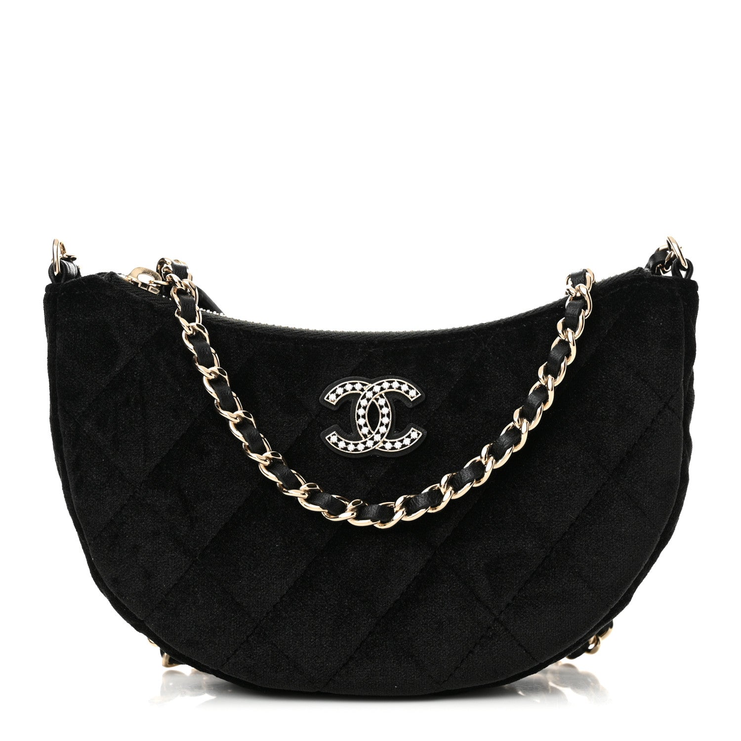 Velvet Crystal Quilted Chain Hobo Black