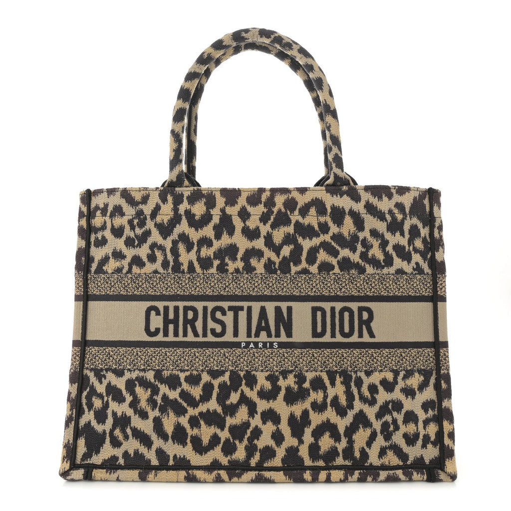 Canvas Mizza Embroidered Medium Leopard Book Tote Beige