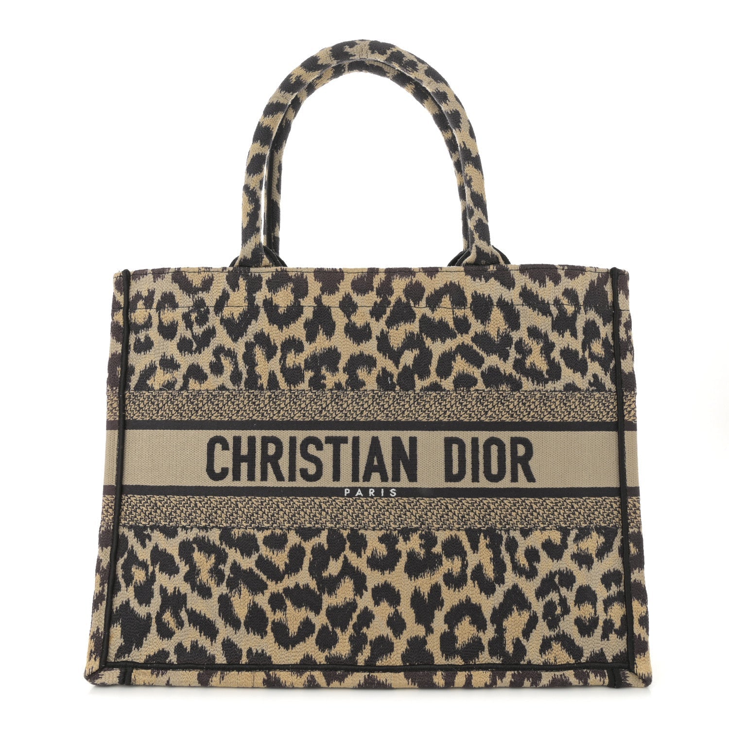 Canvas Mizza Embroidered Medium Leopard Book Tote Beige