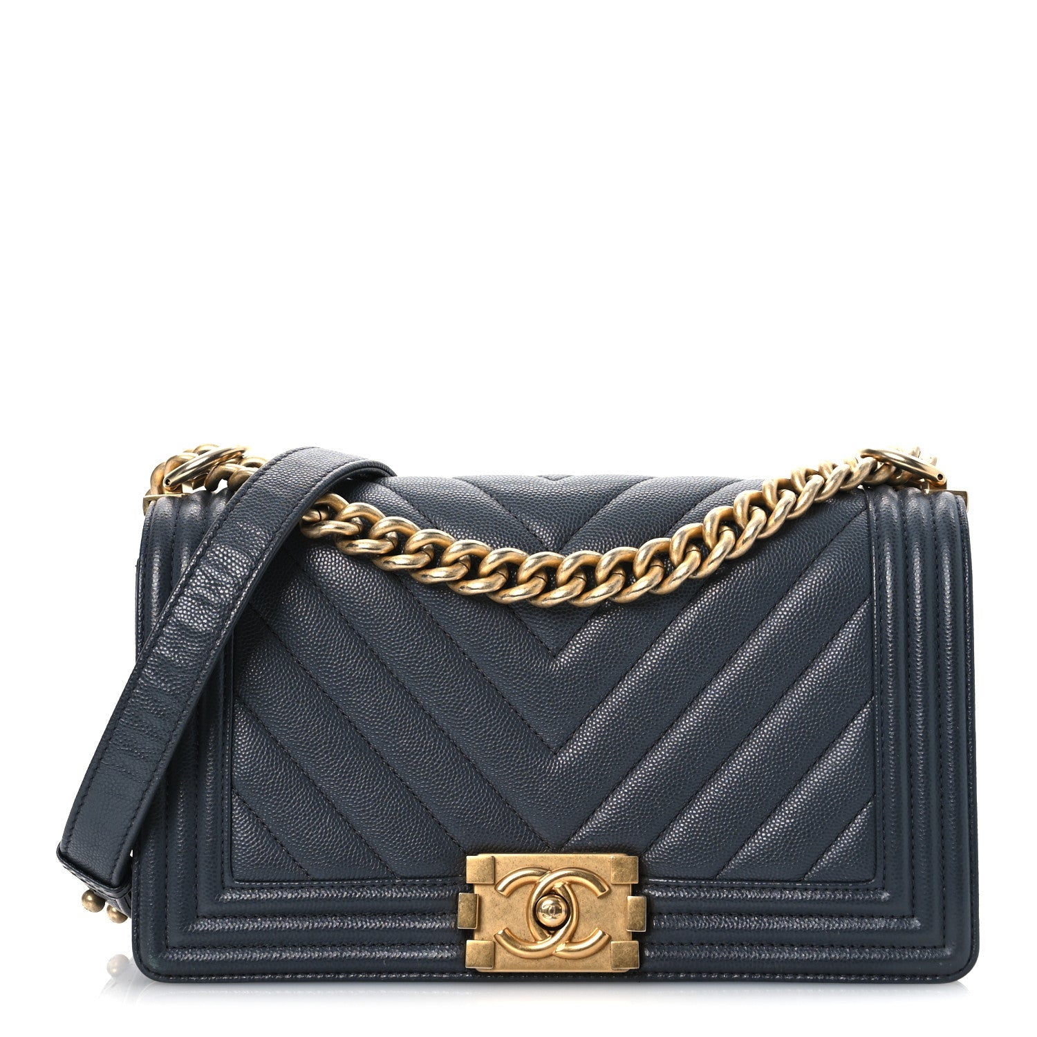 Caviar Chevron Quilted Medium Boy Flap Dark Grey