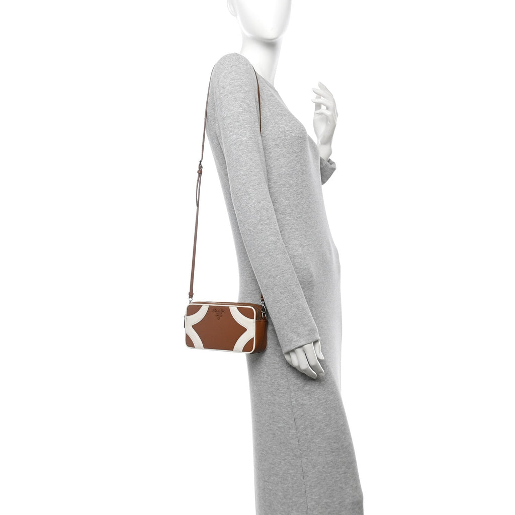 Soft Calfskin Mini Double Zip Crossbody Bag Cognac White