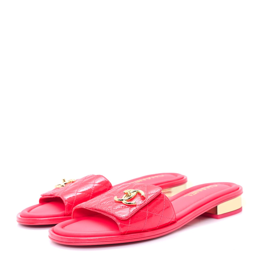 Patent Goatskin Quilted CC Sandals 38 Dark Pink