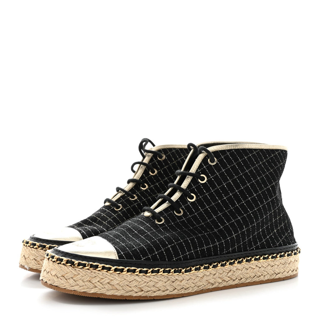 Tweed Lambskin Chain Lace Up High Top Espadrille Sneakers 36 Black Gold