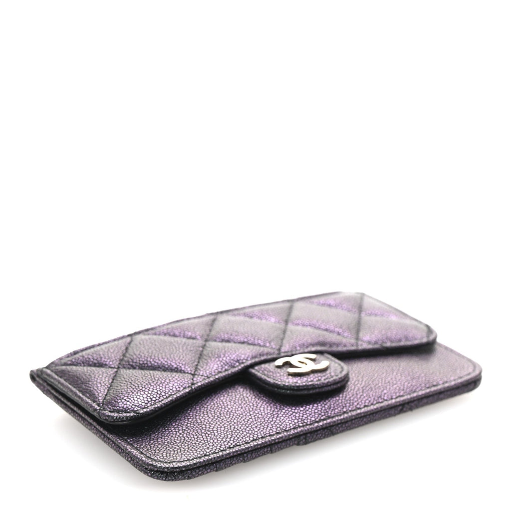 Iridescent Caviar Quilted Flap Zip  Holder Black