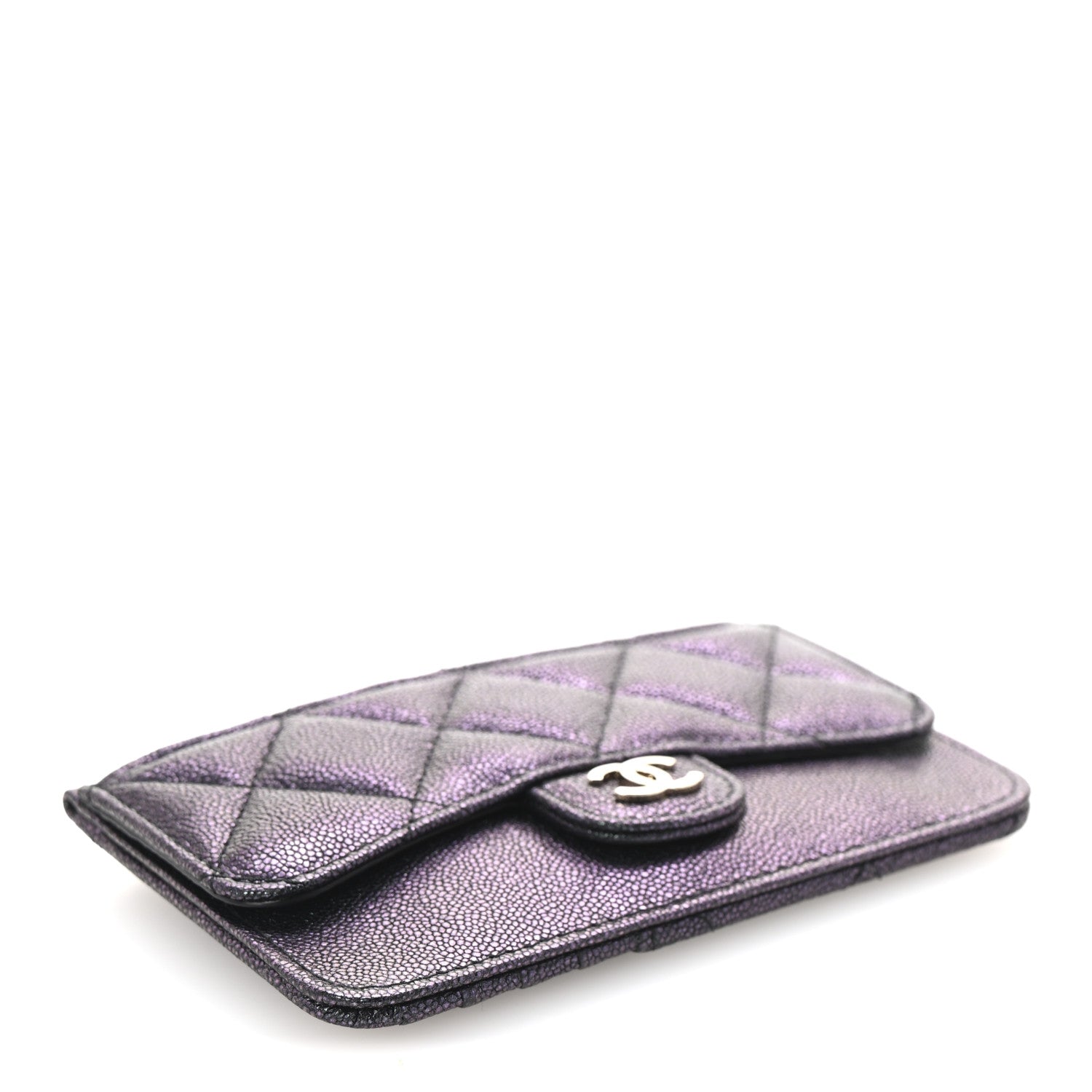 Iridescent Caviar Quilted Flap Zip  Holder Black
