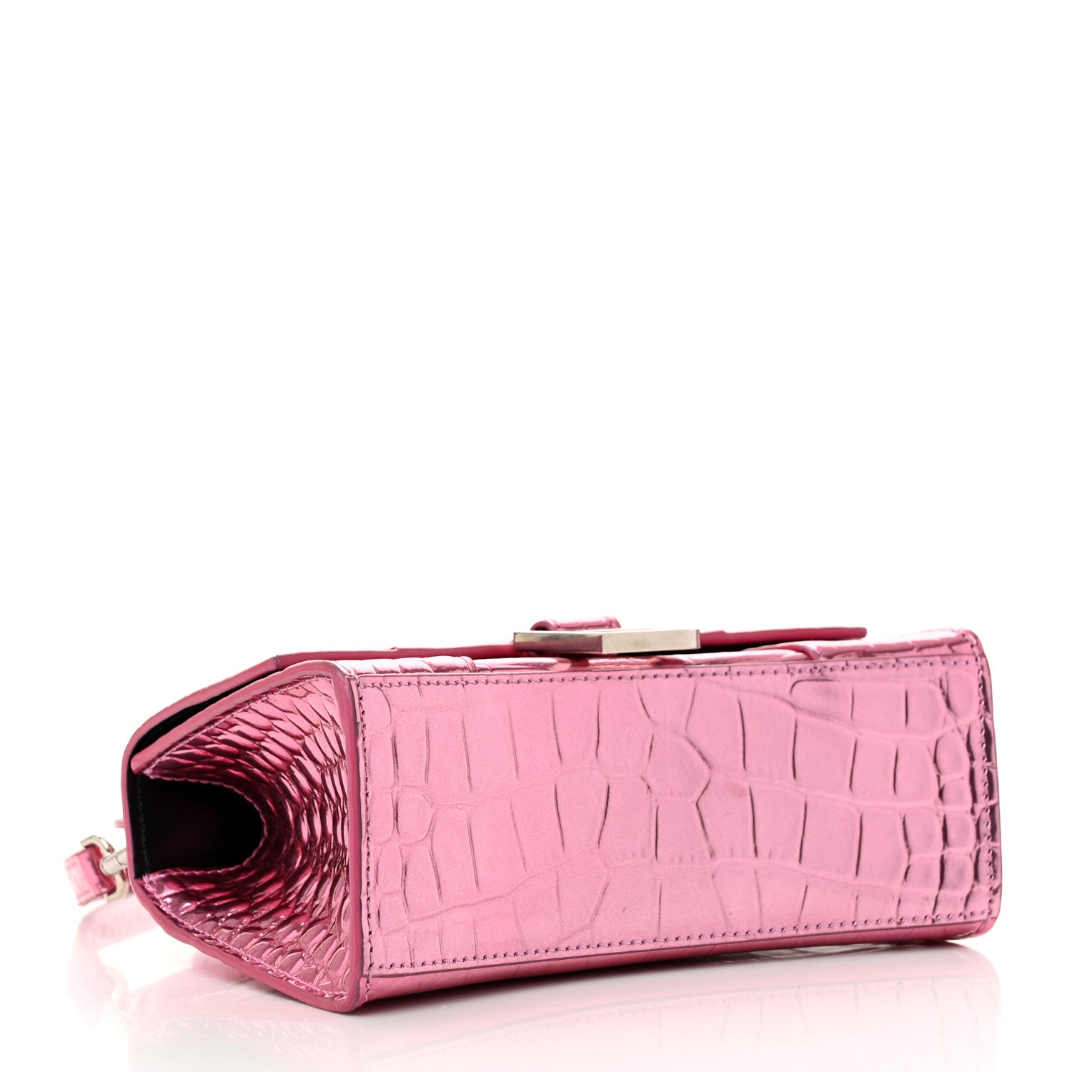 Metallic Shiny Calfskin Crocodile Embossed Hourglass Top Handle Bag XS Pink