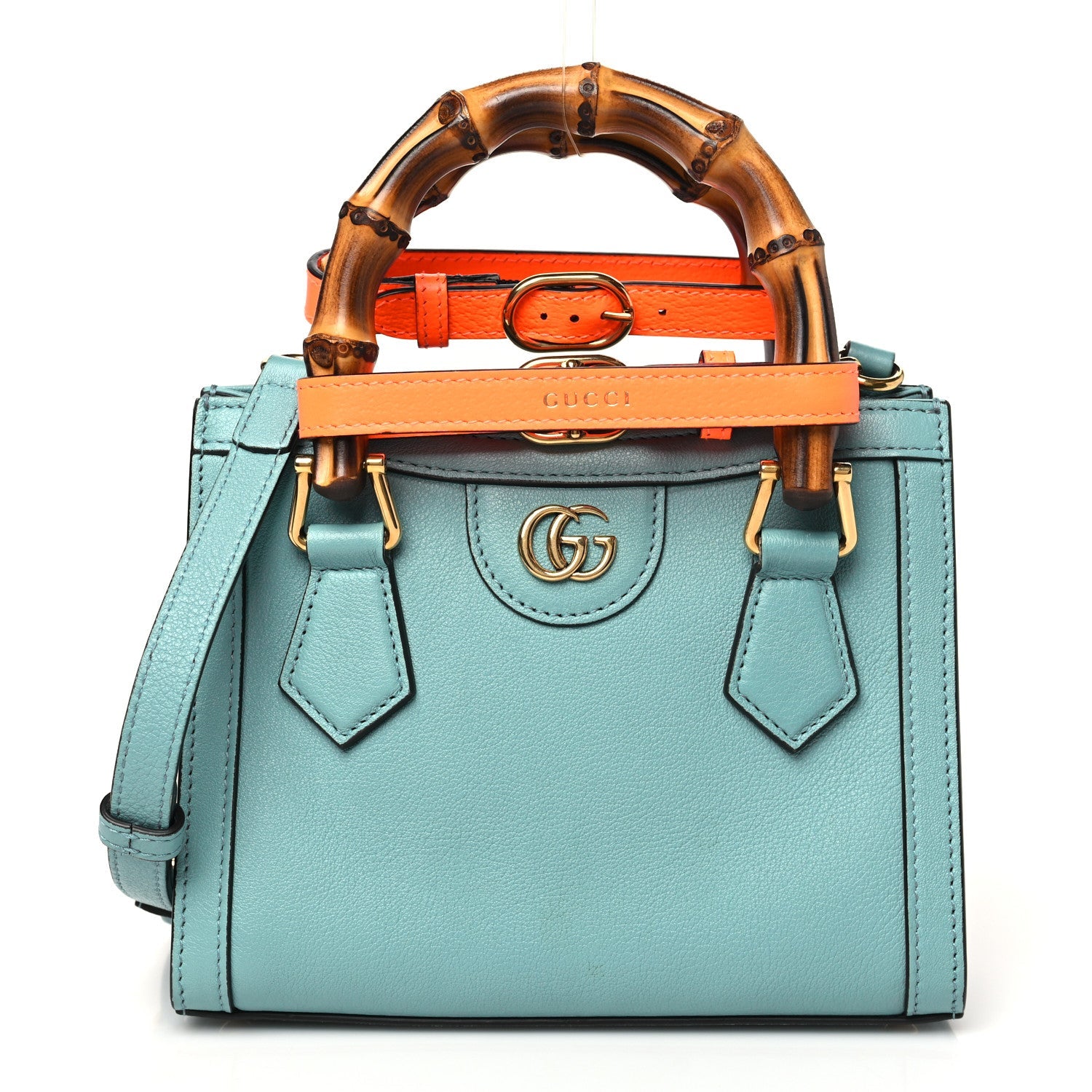Textured Dollar Calfskin Web Mini Diana Tote Bag Dusty Azure Deep Orange