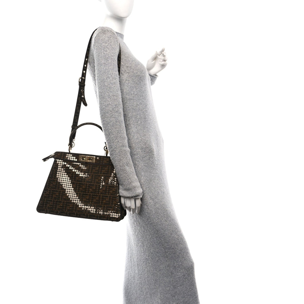 Fabric Jacquard Paillettes Vitello Seta FF 1974 Medium Peekaboo I SEE U Satchel Tobacco Moro
