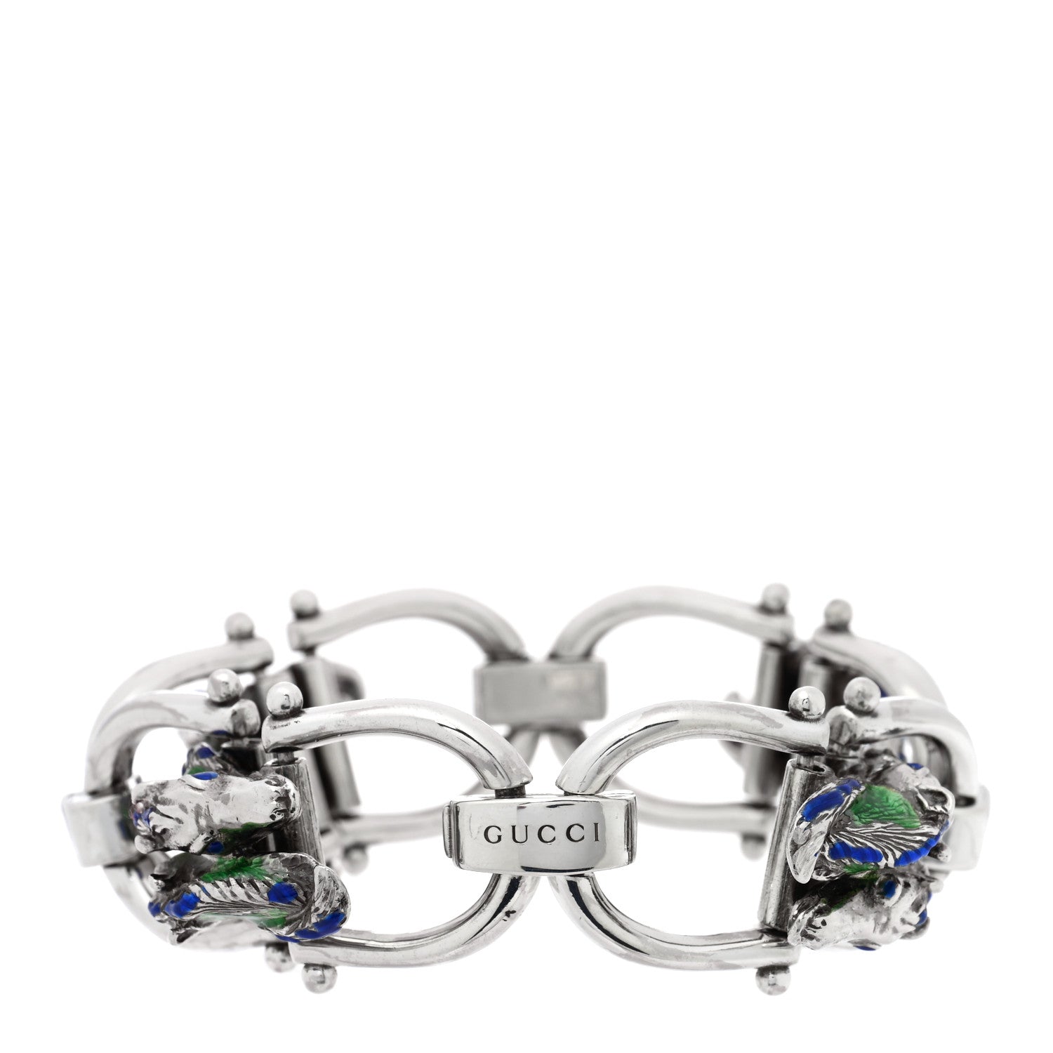 Sterling Silver Enamel Horse Head Link Chain Bracelet Blue Green