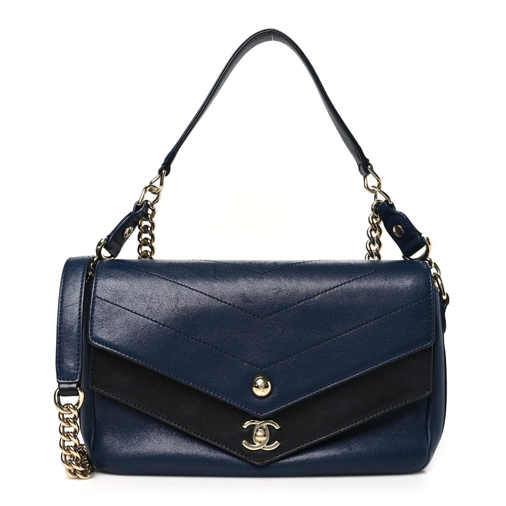 Sheepskin Chevron Quilted Mini Double Chevron Flap Navy Black