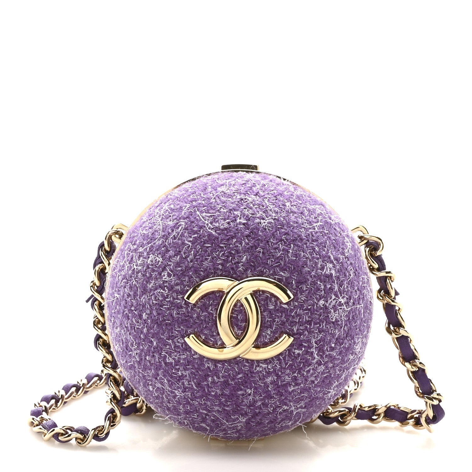 Tweed Minaudiere Round Chain Clutch Purple