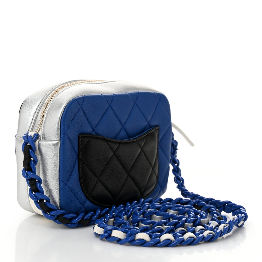Shiny Lambskin Monochrome Chain Mini Camera Case Bag Blue Black Silver