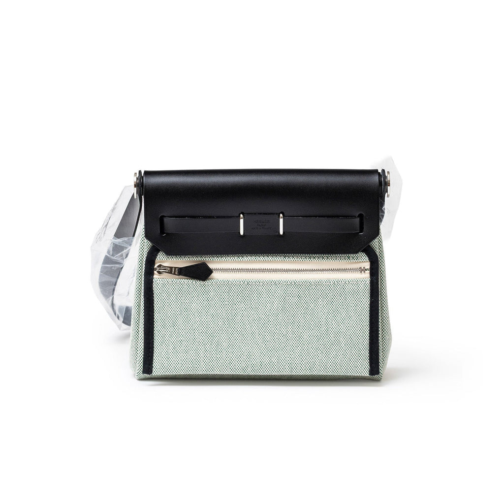 Hermès Mini Herbag Zip 20 Black Ecru/Vert Moyen Toile Palladium Hardware