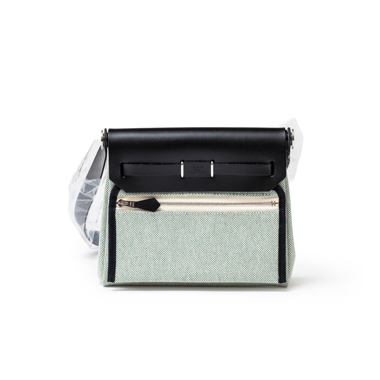 Hermès Mini Herbag Zip 20 Black Ecru/Vert Moyen Toile Palladium Hardware