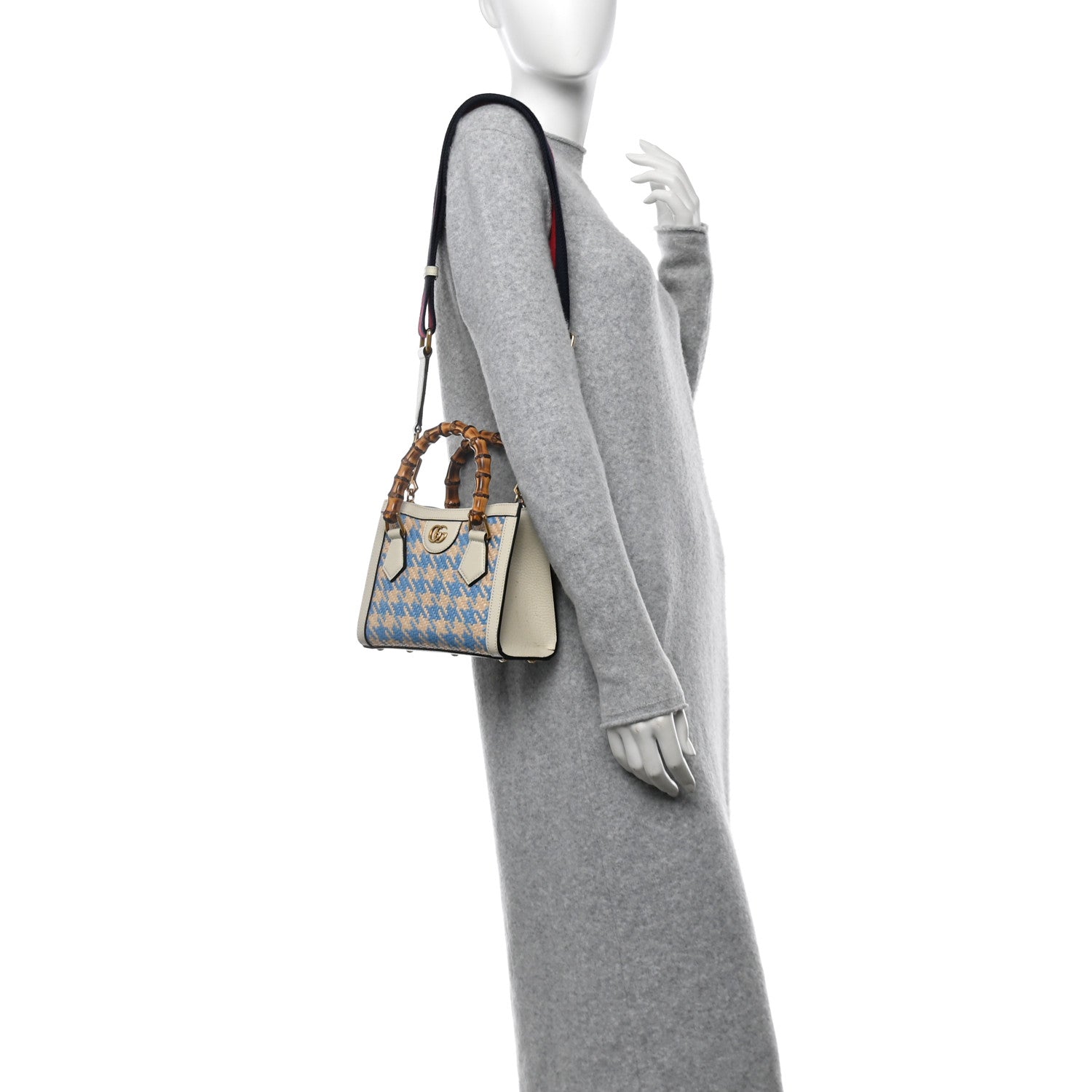 Raffia Textured Dollar Calfskin Web Houndstooth Mini Diana Tote Bag Light Blue Natural Deep Orange