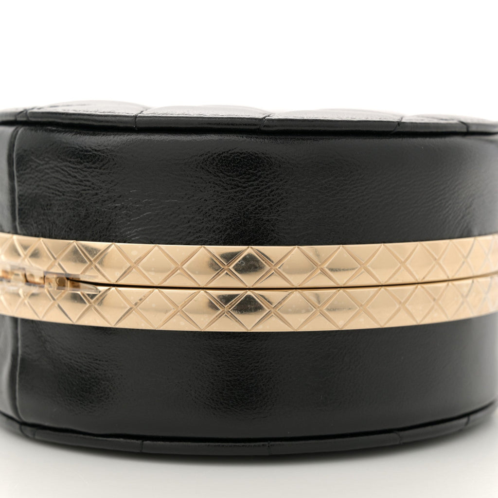 Metal Lambskin Quilted Round Lock Frame Vanity Clutch With Chain Black