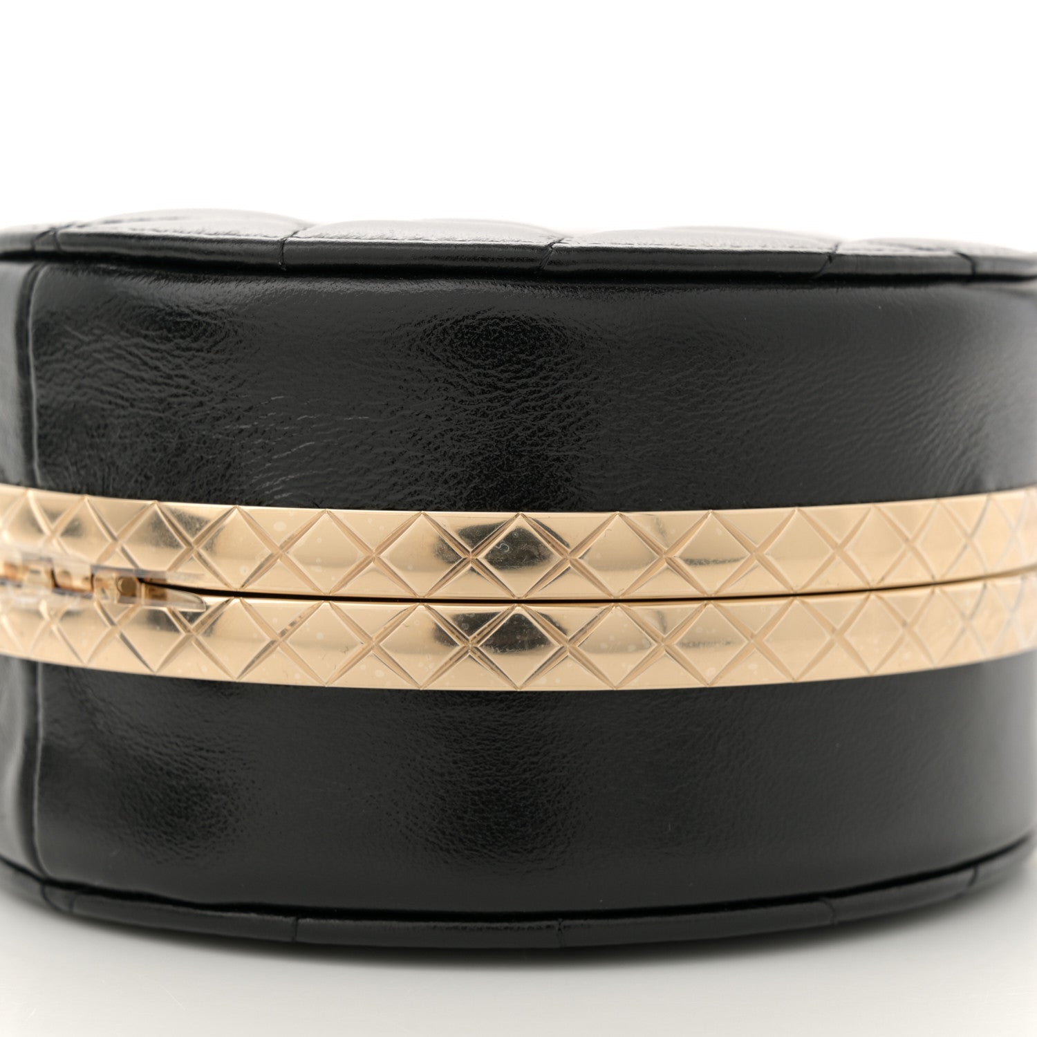 Metal Lambskin Quilted Round Lock Frame Vanity Clutch With Chain Black
