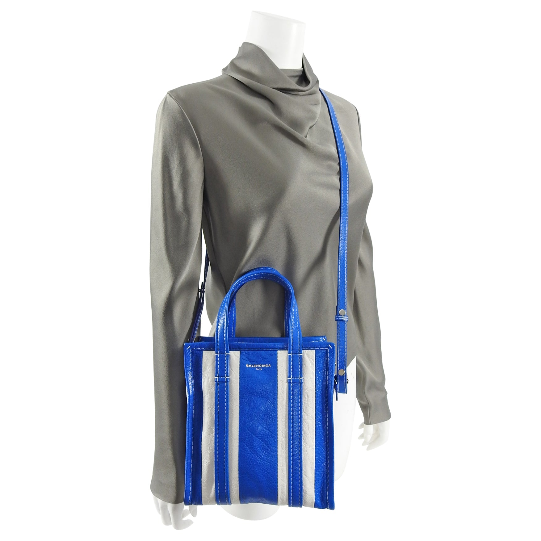 Balenciaga Bazar XS Blue and White Striped Tote Bag
