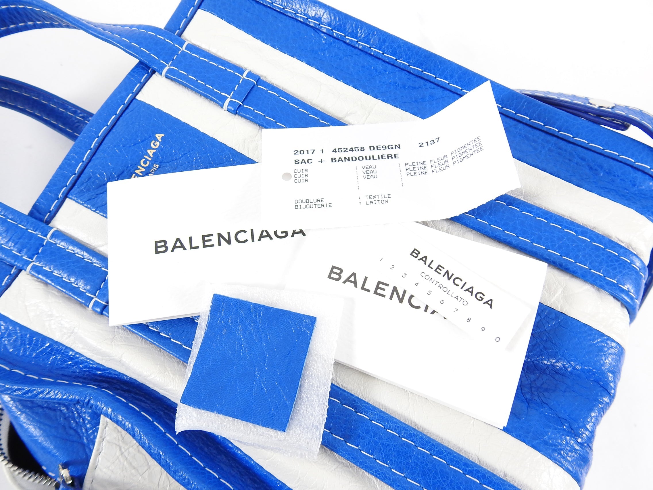 Balenciaga Bazar XS Blue and White Striped Tote Bag