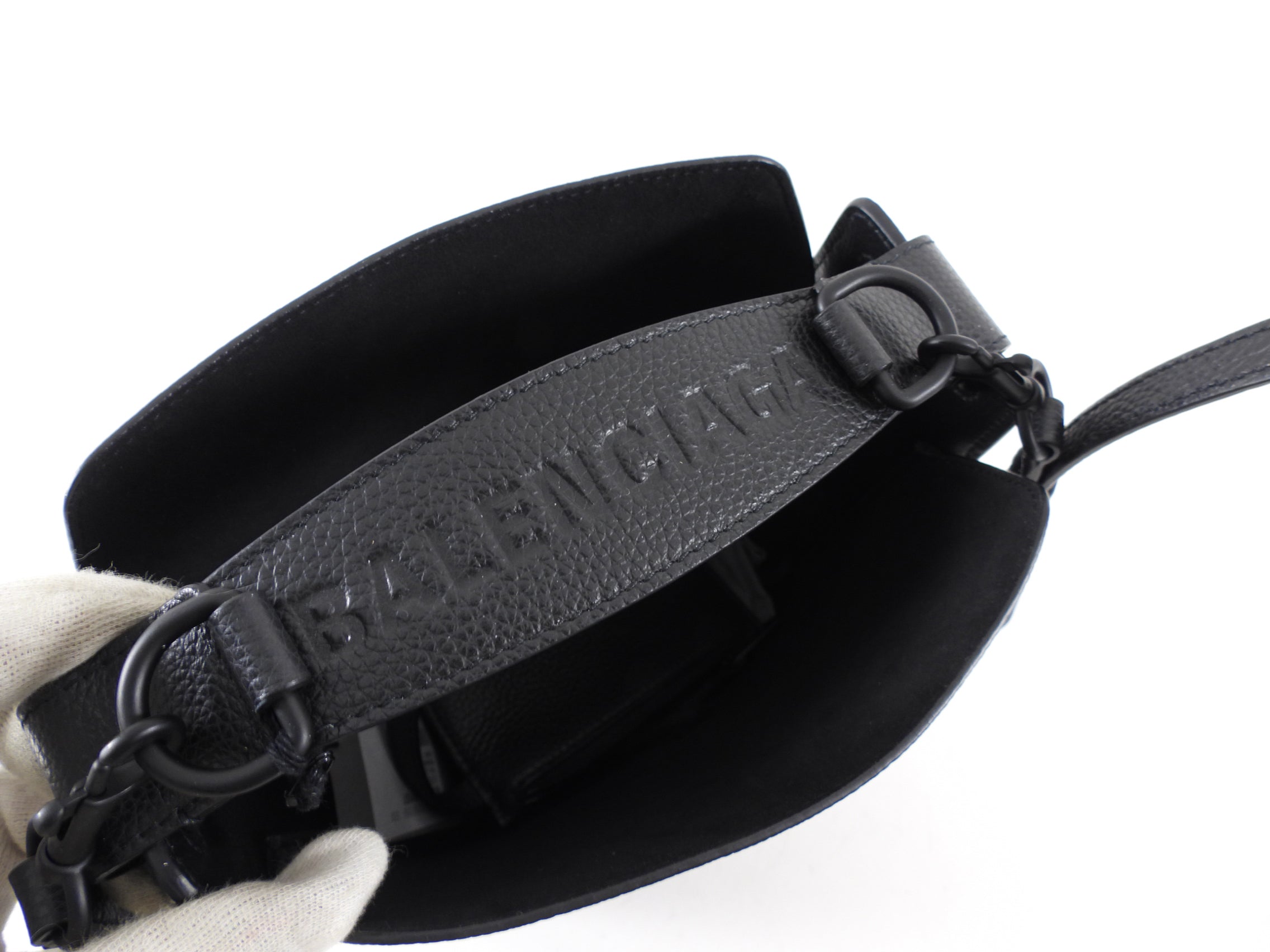 Balenciaga Black Leather Tool 2.0 Two Way Logo Bucket Bag